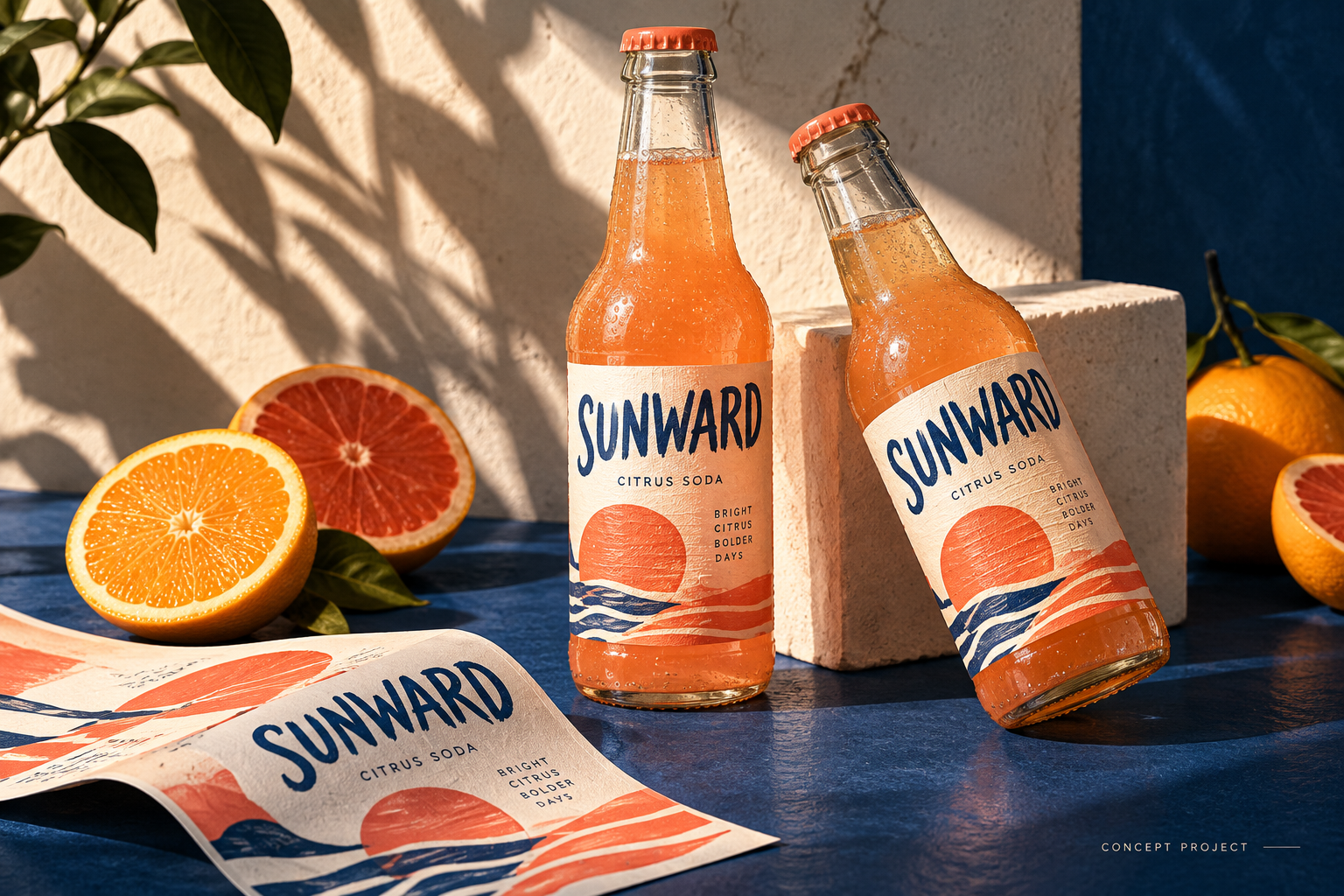 Original Sunward citrus soda concept, glass bottles with ink-blue lettering and coral sun illustrations, styled with fresh citrus.