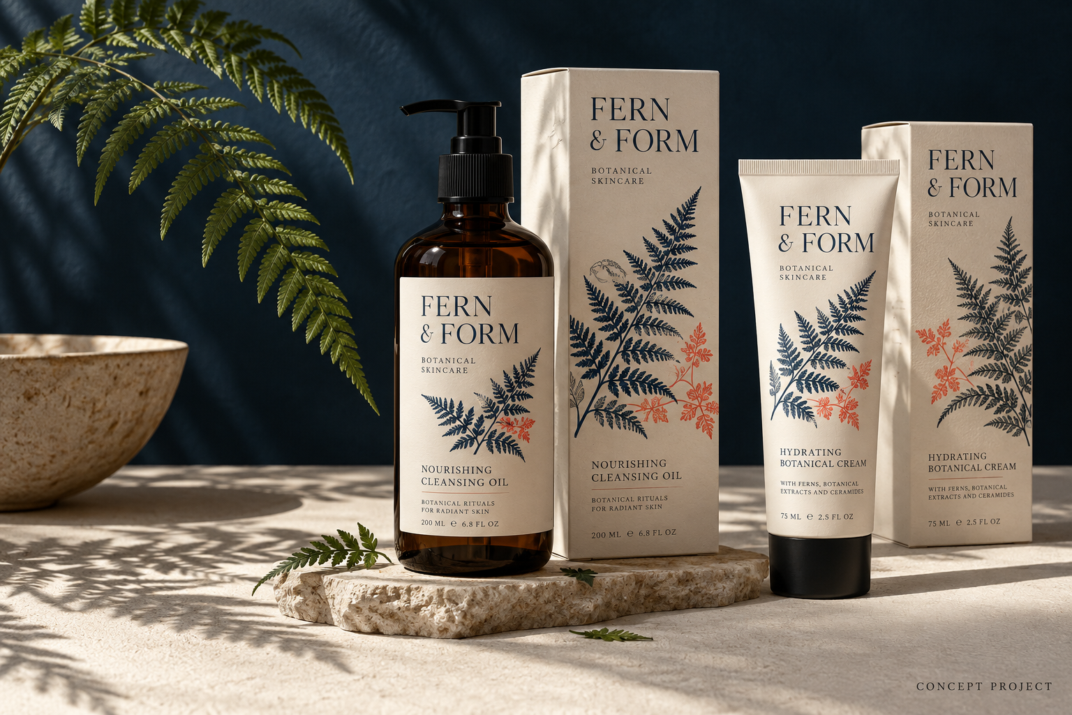 Original Fern and Form botanical skincare concept, amber glass and ivory packaging with fern illustrations against an ink-blue backdrop.